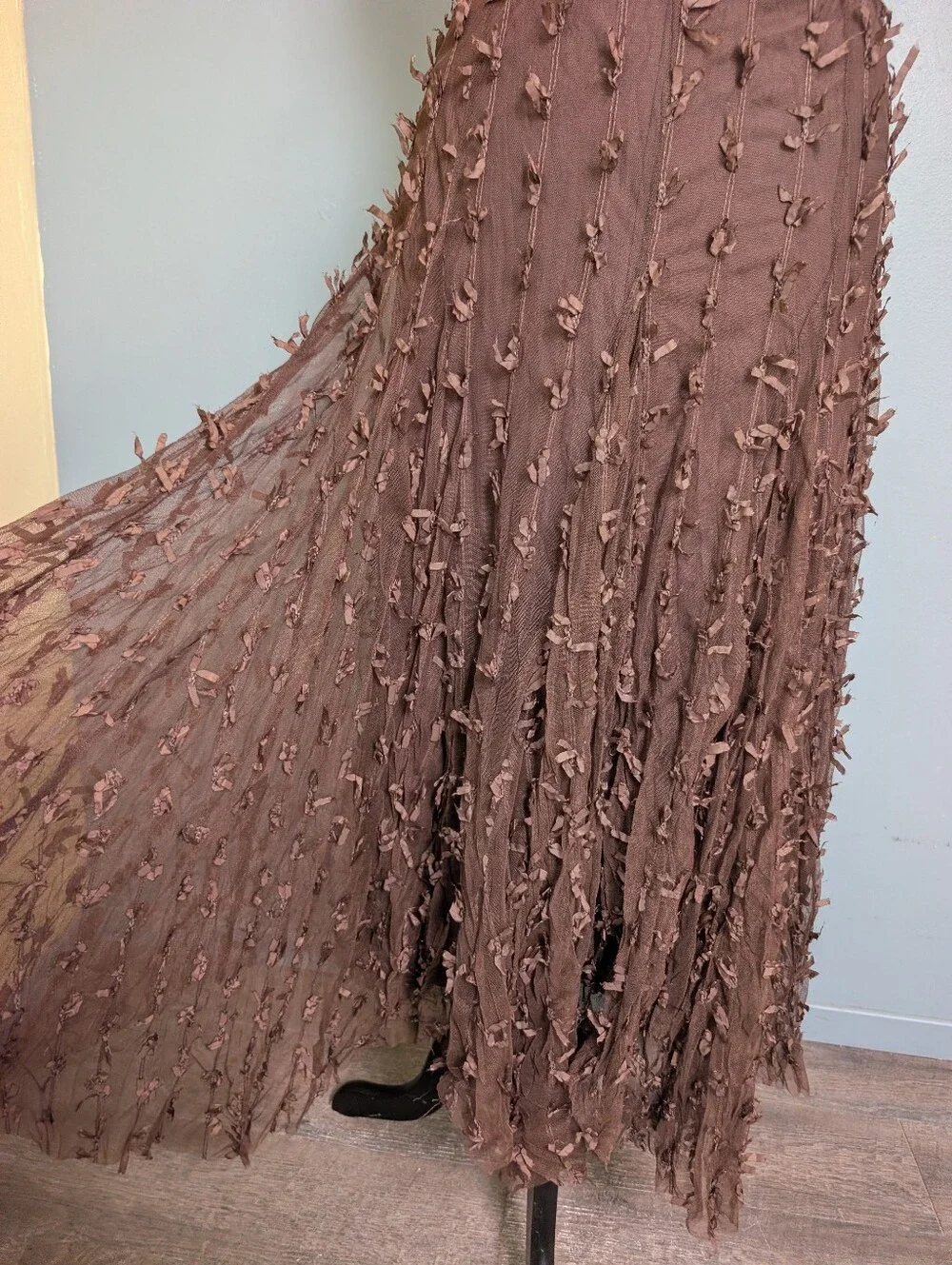 Handkerchief Hem Brown Tulle Ribbon Midi Skirt - Picture 11 of 11